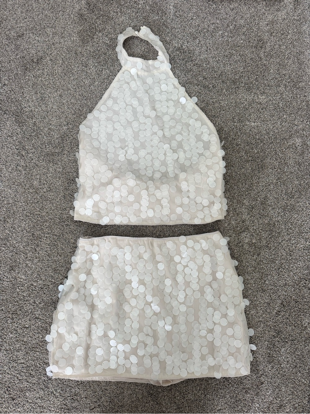 SHEIN White Sequin Halter Crop Top & Skirt Set